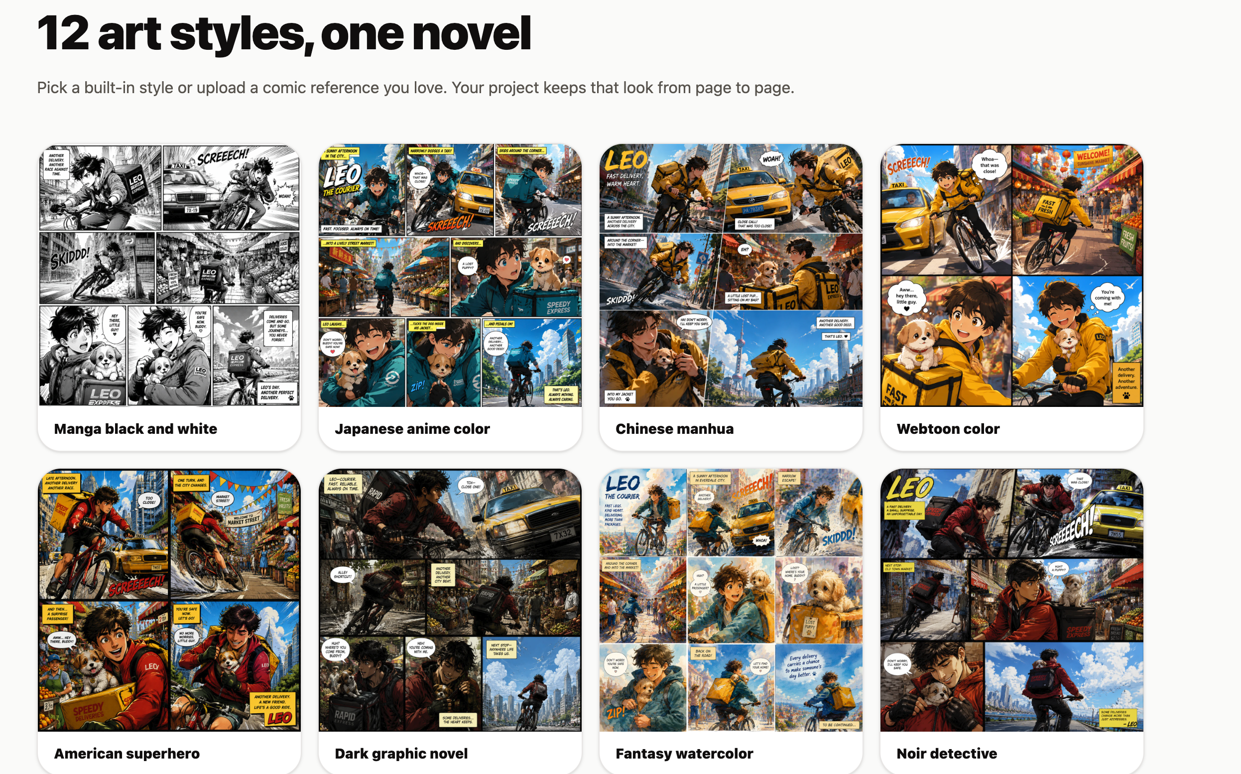 Die Stil-Vorgabengalerie zeigt vier Stil-Vorschauen nebeneinander: Manga schwarz-weiß, Webtoon-Farbe, dunkler Graphic Novel und Fantasy-Aquarell.