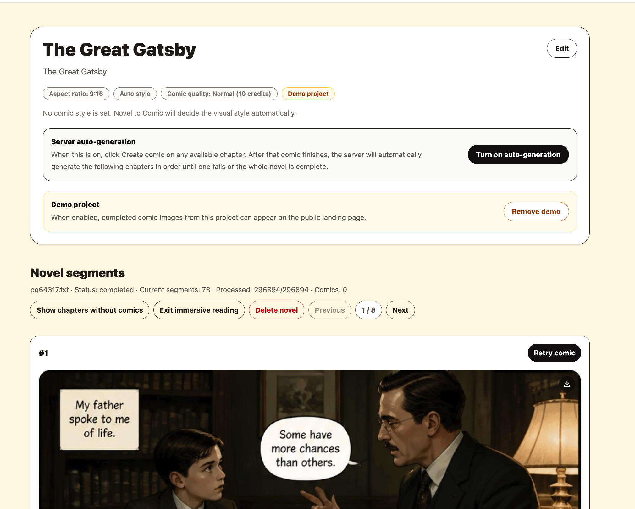 A polished view of the project page showing several finished comic images below their story segments.