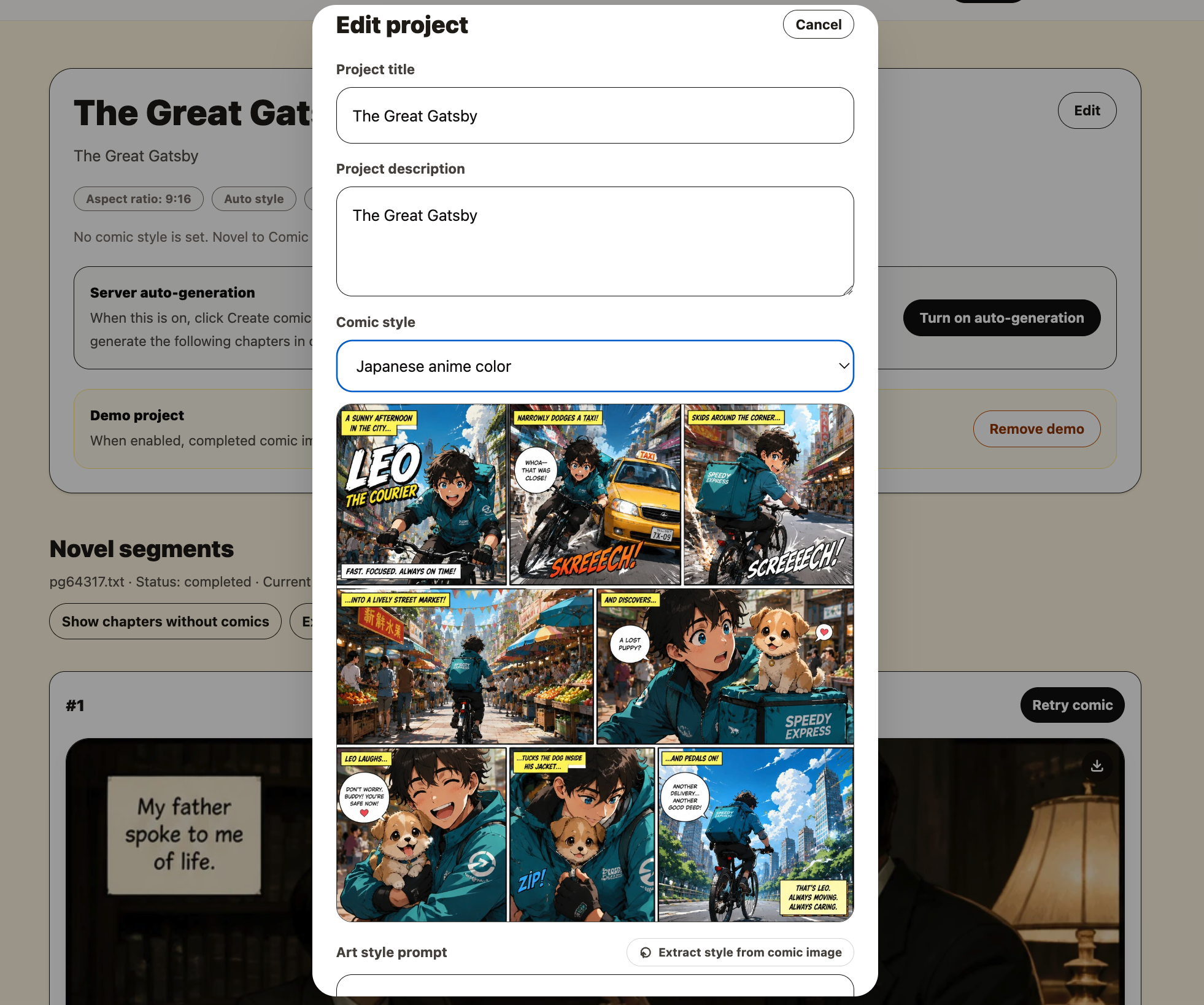 The new project screen showing title, description, art style, aspect ratio, and quality settings for a novel-to-comic project.