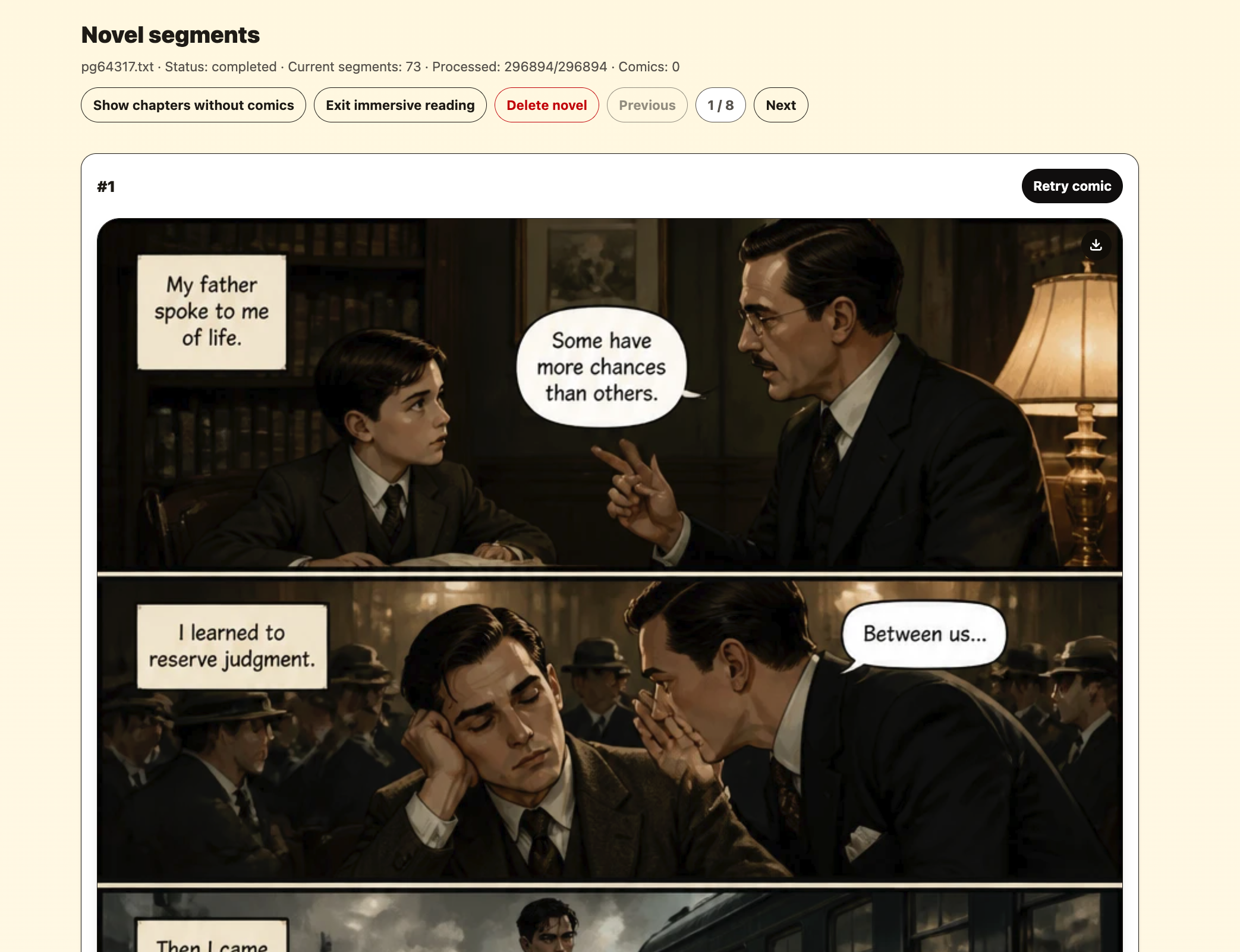 The project detail screen showing story segments in order with generated comic images and page controls.